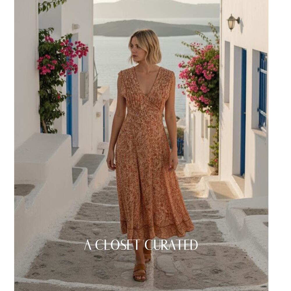 Poupette St Barth Daisy Printed Viscose Midi Dress Small Orange NWT